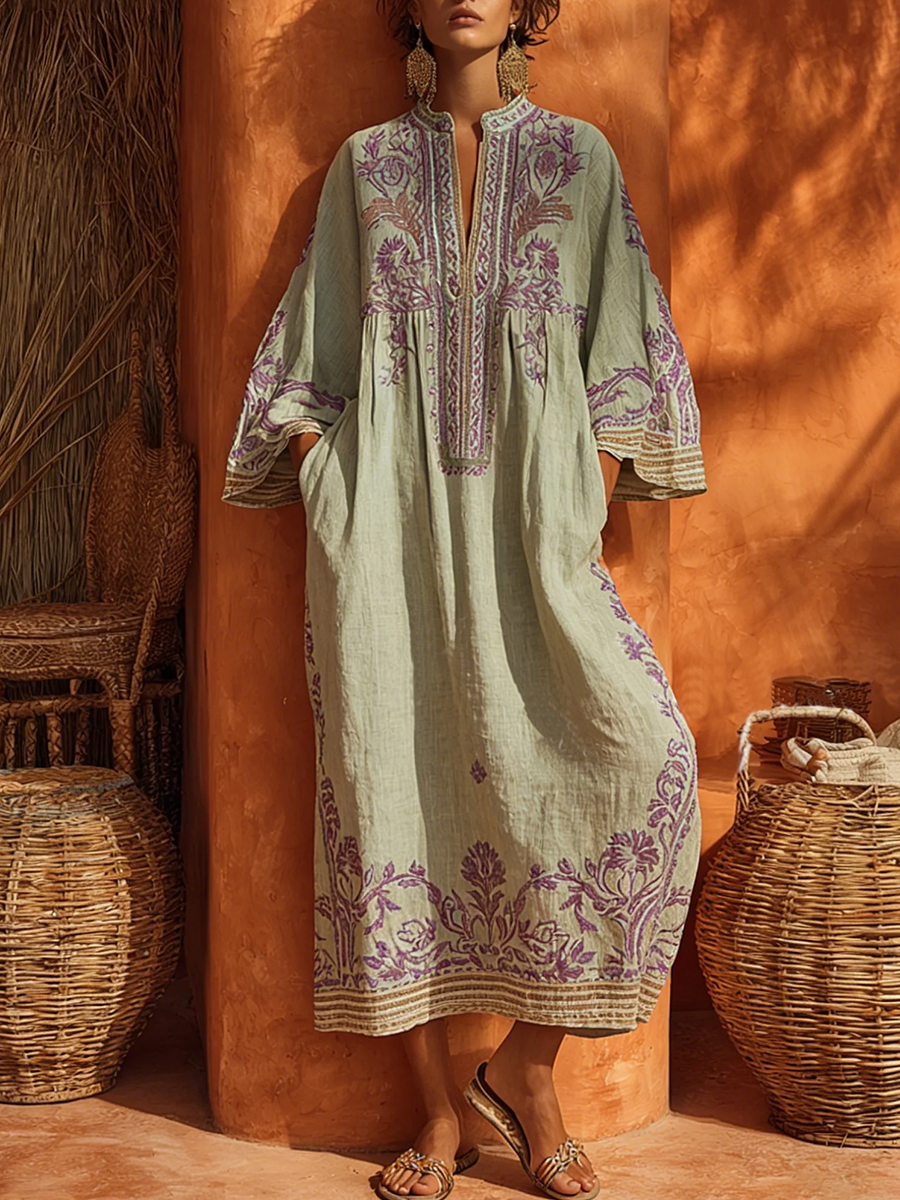 Split Neck Floral Embroidered Bell Sleeve Loose Linen Kaftan Maxi Dress