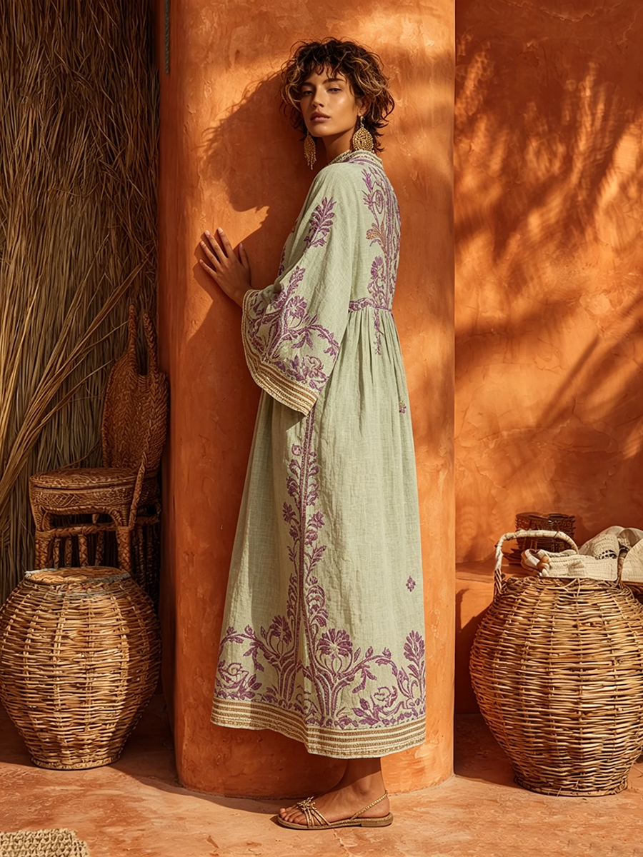 Split Neck Floral Embroidered Bell Sleeve Loose Linen Kaftan Maxi Dress 5