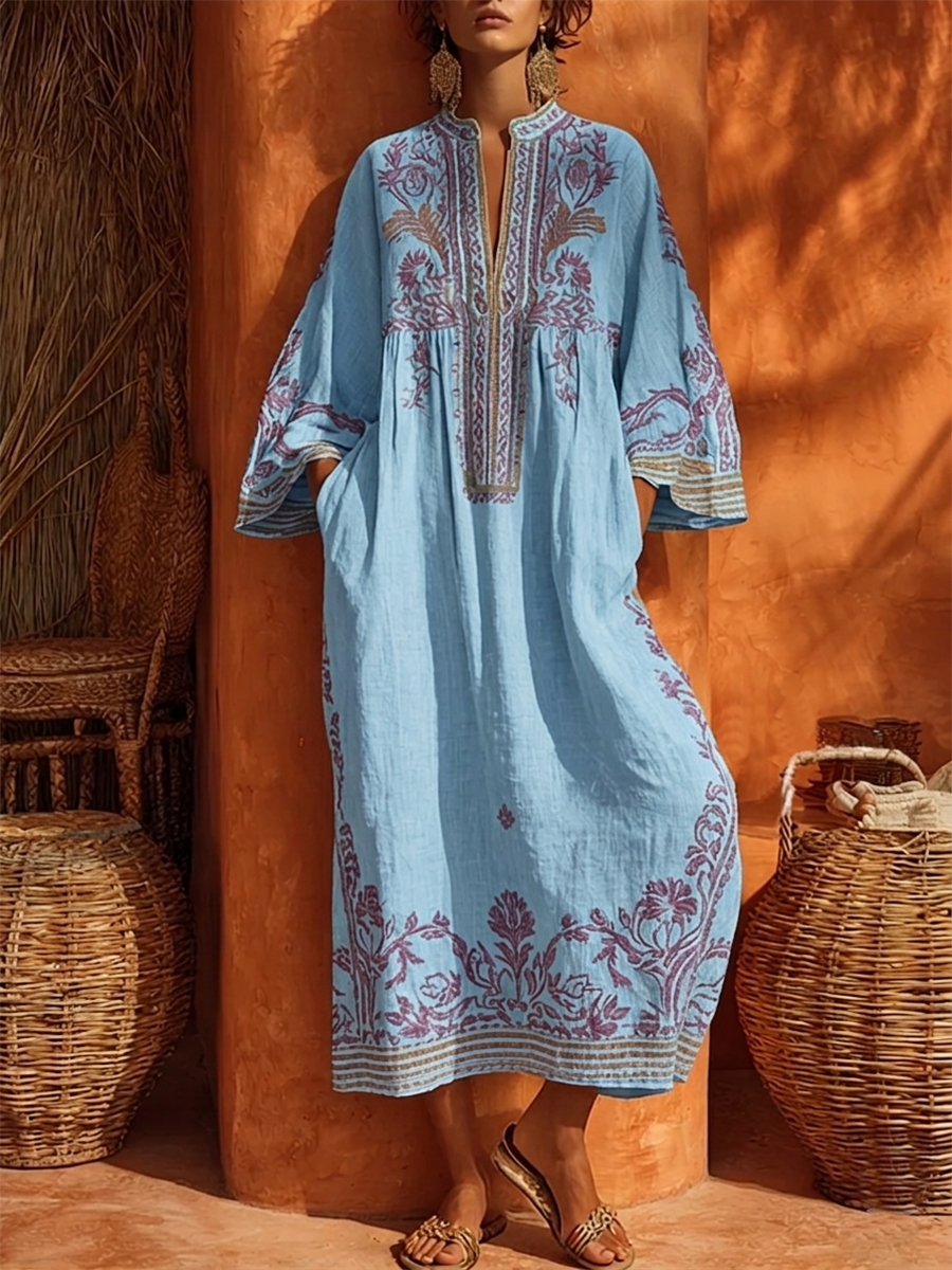 Split Neck Floral Embroidered Bell Sleeve Loose Linen Kaftan Maxi Dress 2