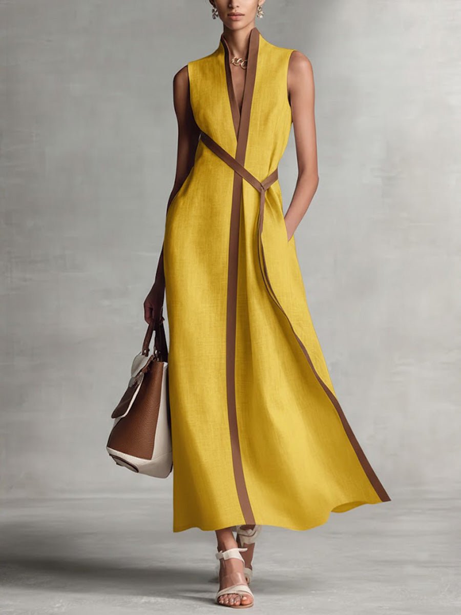 Stand Collar Sleeveless Contrast Trim Pocket A-Line Maxi Dress