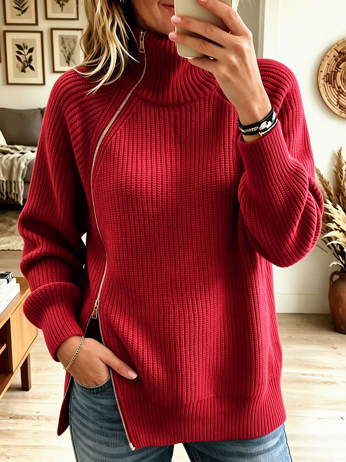 Red Turtleneck Asymmetric Zip Ribbed Knit Long Sleeve Sweater