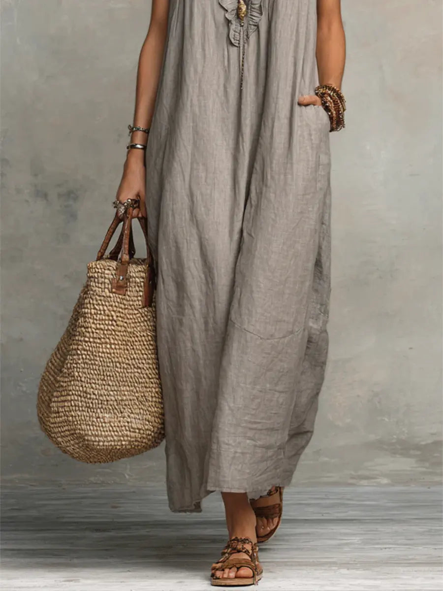 Ruffle V-Neck Flutter Sleeve Linen Shift Maxi Dress 10