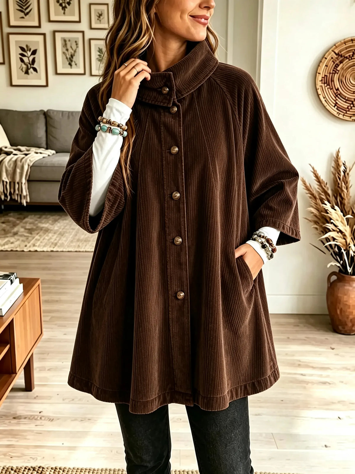 Stand Collar Button Front Oversized Corduroy Poncho Coat