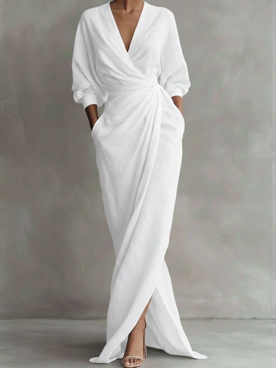 Surplice V-Neck Batwing Sleeve Twist Front Draped Wrap Maxi Dress