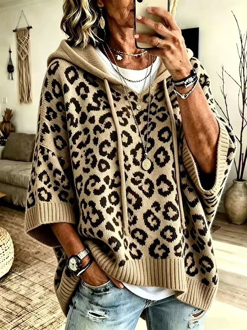 Hooded Leopard Print Drawstring Half Sleeve Knit Sweater 4