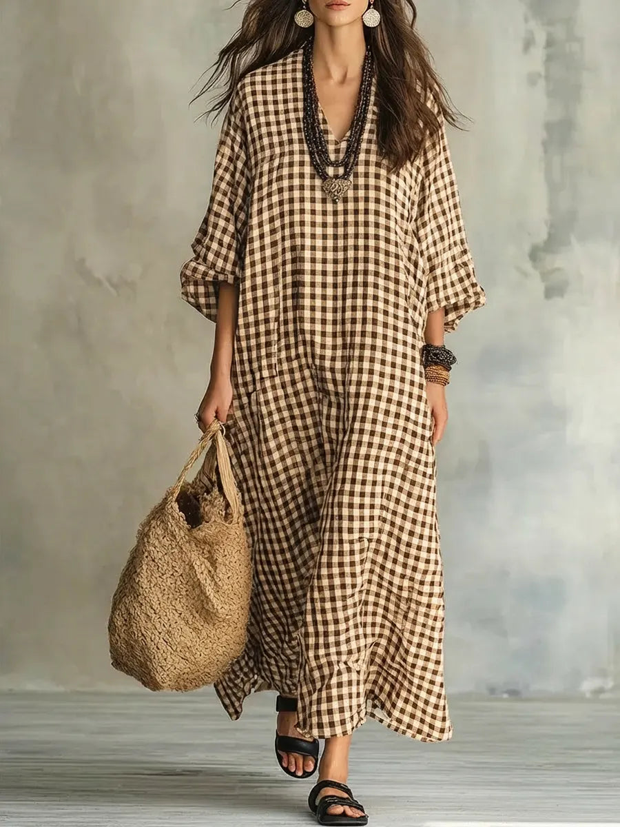 V-Neck Long Sleeve Gingham Check Linen Loose Maxi Dress 6