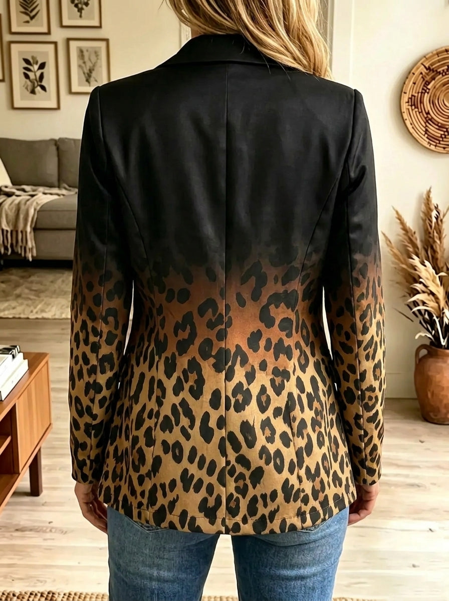 Black Notched Lapel Ombre Leopard Print Single Button Blazer 2
