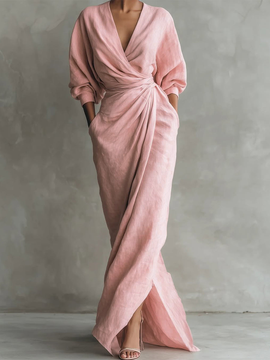 Surplice V-Neck Batwing Sleeve Twist Front Draped Wrap Maxi Dress