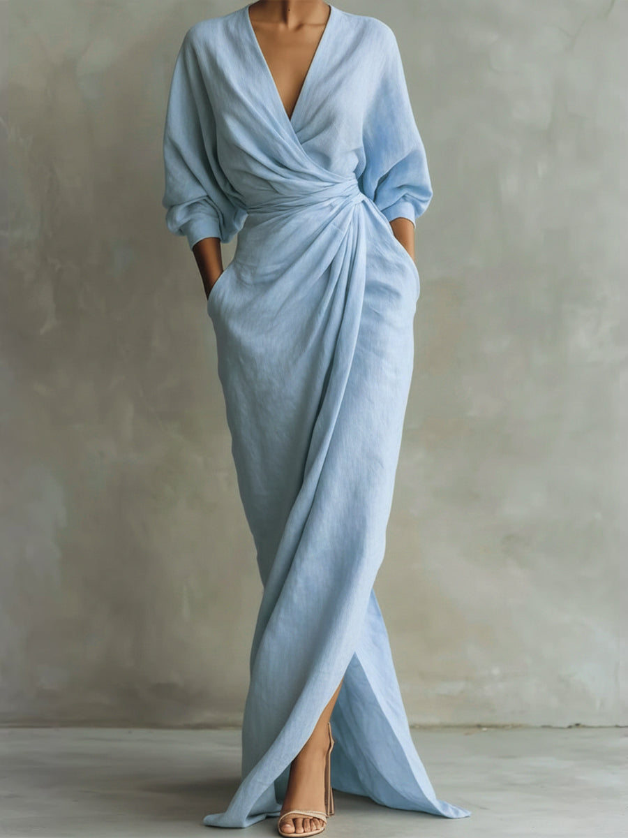 Surplice V-Neck Batwing Sleeve Twist Front Draped Wrap Maxi Dress