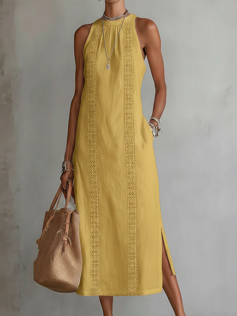 Mock Neck Crochet Lace Trim Sleeveless Side Slit Column Maxi Dress