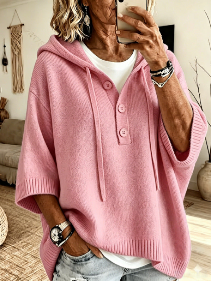 Hooded Half Button Batwing Sleeve Oversized Knit Sweater 5