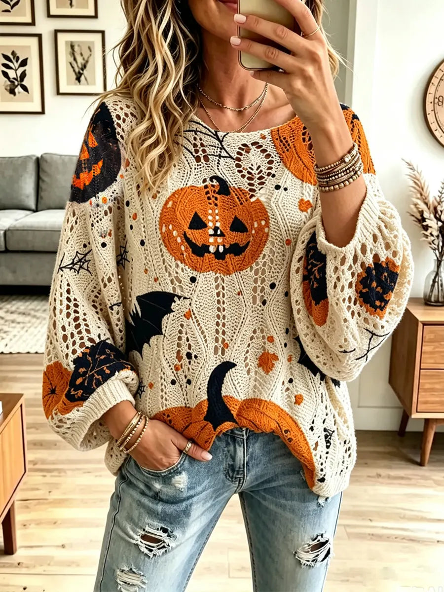 Apricot Scoop Neck Pumpkin Pattern Pointelle Knit Loose Sweater