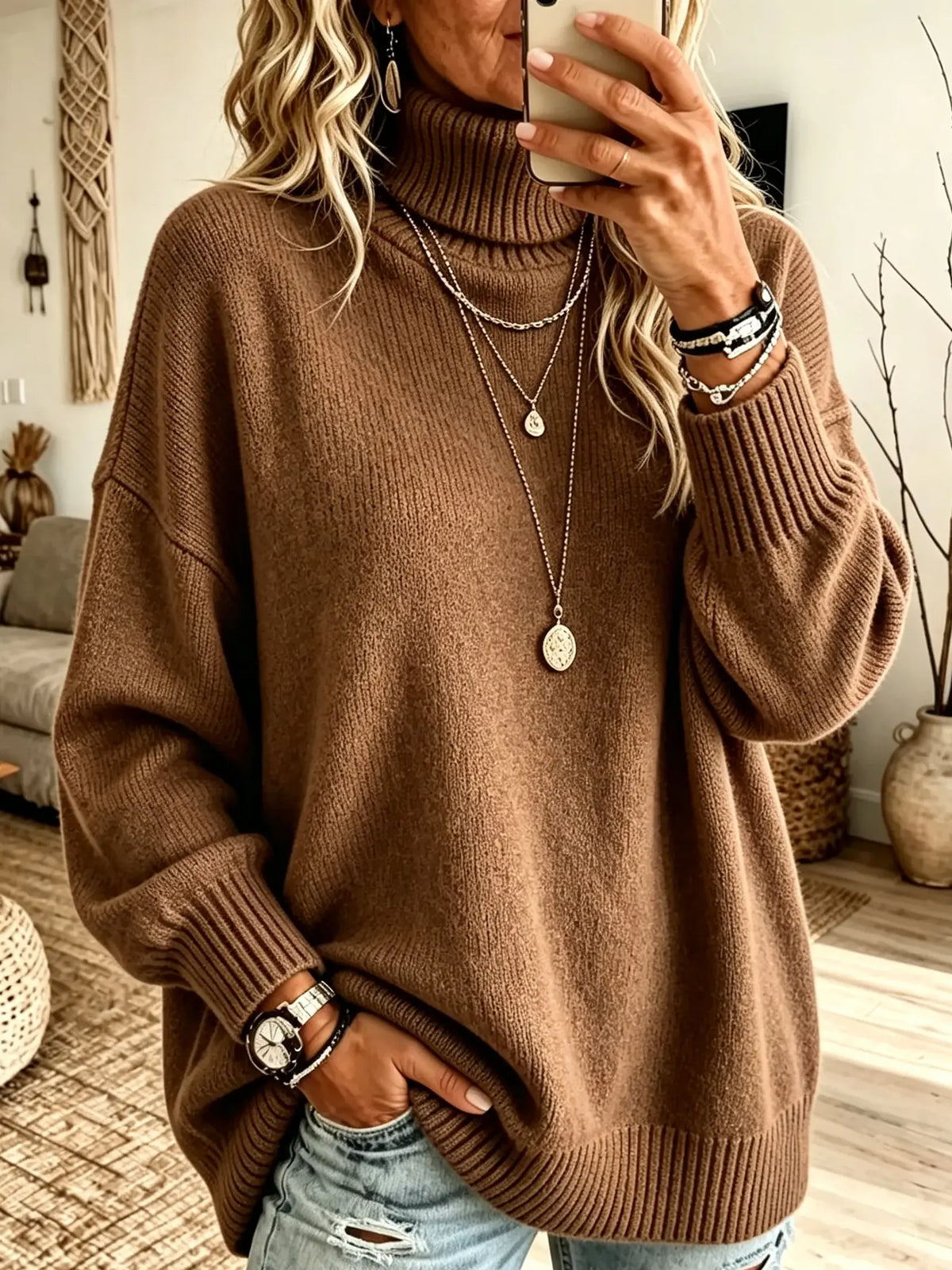 Turtleneck Ribbed Knit Long Sleeve Oversized Sweater