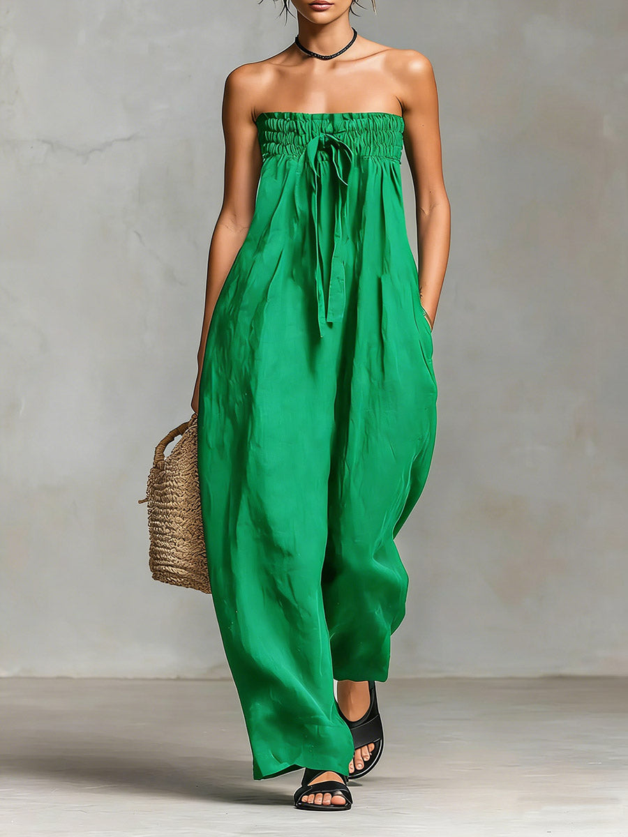 Strapless Shirred Drawstring Wide Leg Jumpsuit 7
