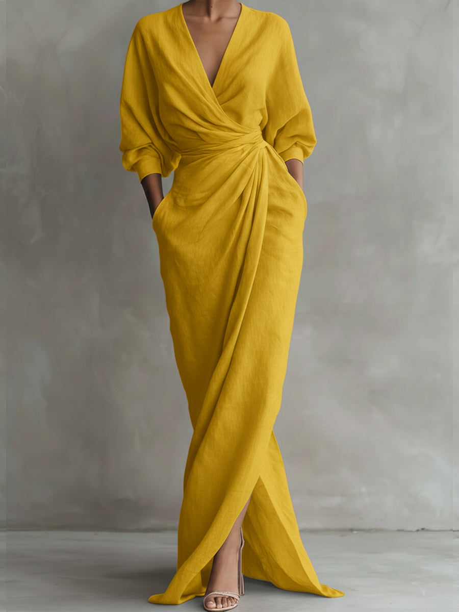 Surplice V-Neck Batwing Sleeve Twist Front Draped Wrap Maxi Dress