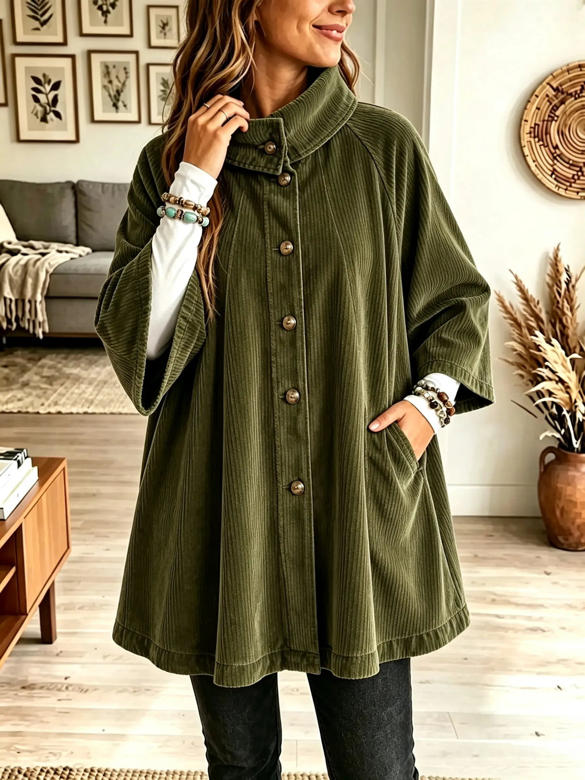 Stand Collar Button Front Oversized Corduroy Poncho Coat 3