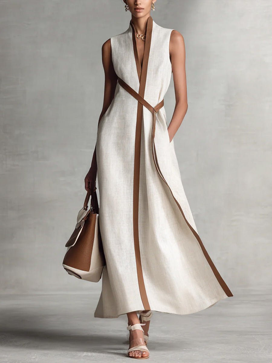 Stand Collar Sleeveless Contrast Trim Pocket A-Line Maxi Dress