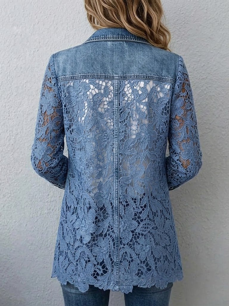Denim Blue Notch Lapel Floral Lace Panel Denim Blazer 2
