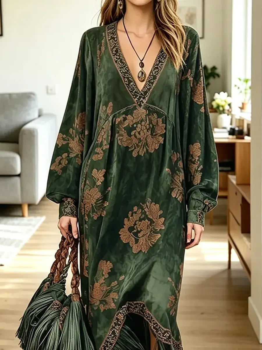 Green V-Neck Floral Velvet Tassel Hem Long Sleeve Boho Maxi Dress 4