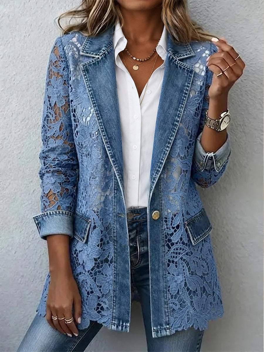 Denim Blue Notch Lapel Floral Lace Panel Denim Blazer