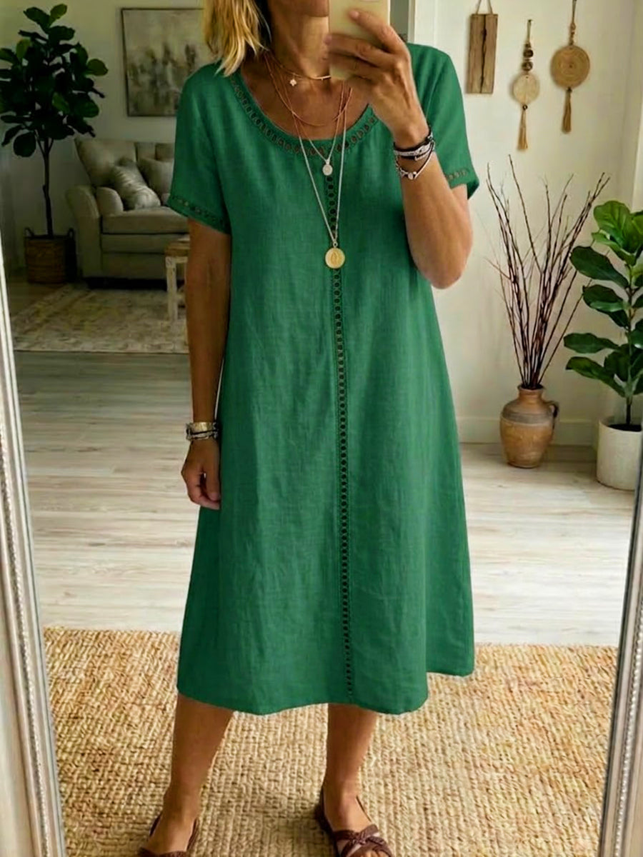 Round Neck Openwork Trim Short Sleeve Linen Midi Dress 2