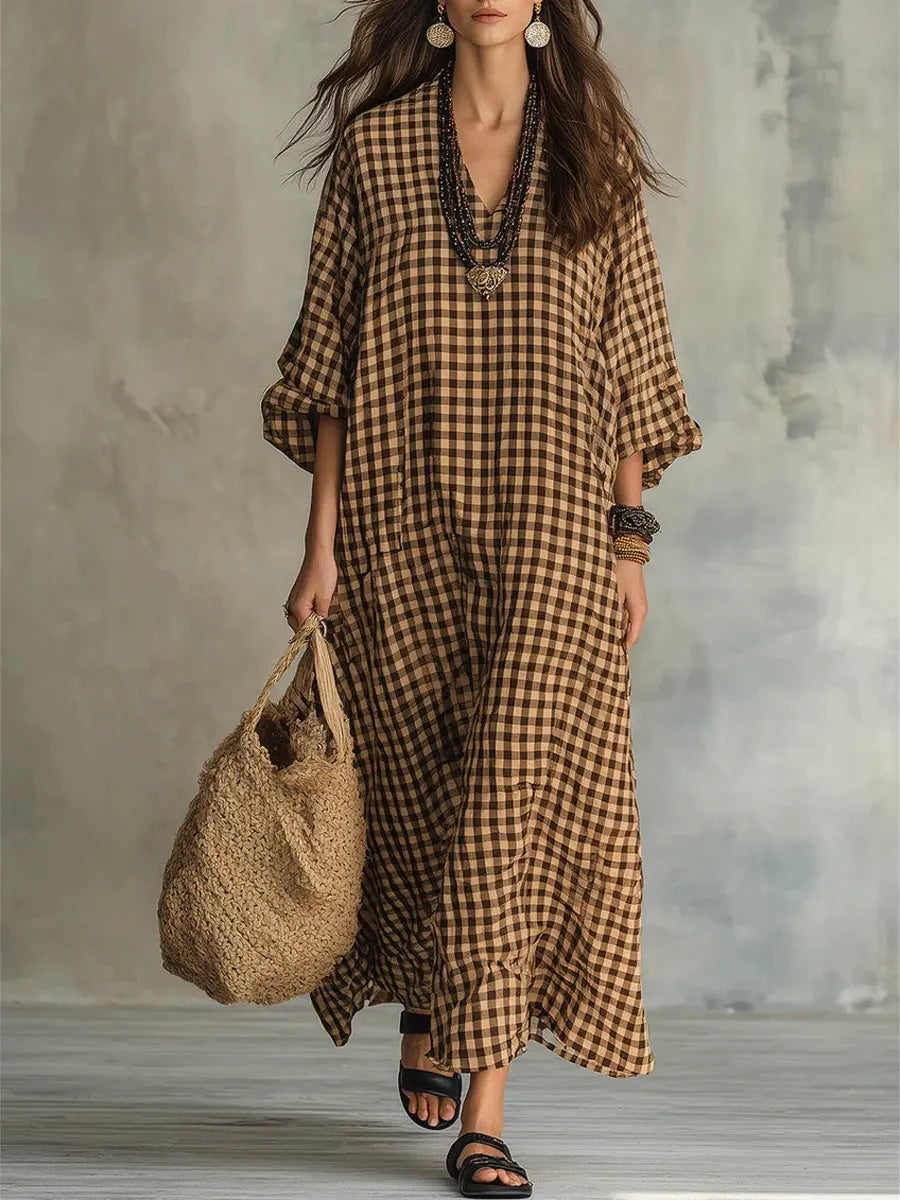 V-Neck Long Sleeve Gingham Check Linen Loose Maxi Dress