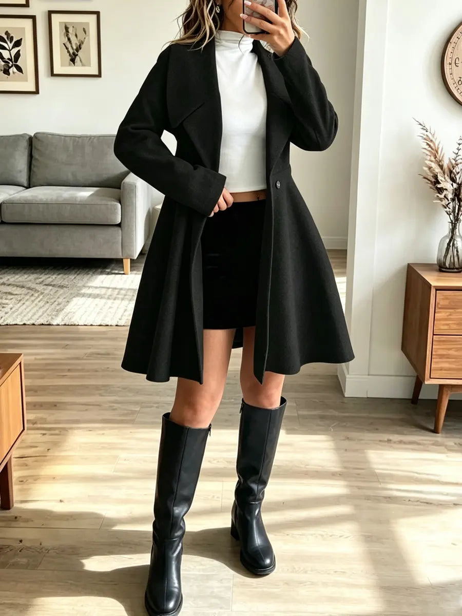 Notched Lapel Double Breasted Pleated Fit Flare Wool Coat 4