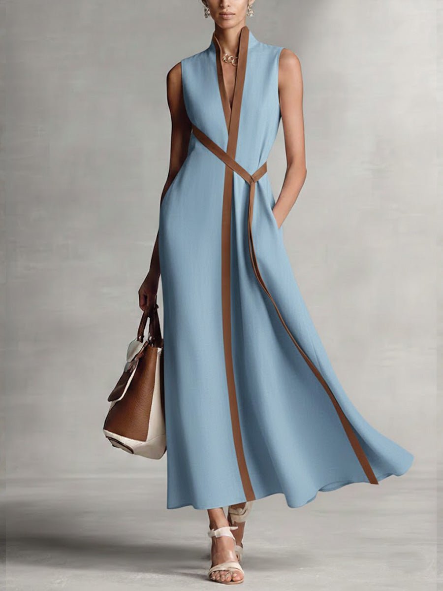 Stand Collar Sleeveless Contrast Trim Pocket A-Line Maxi Dress