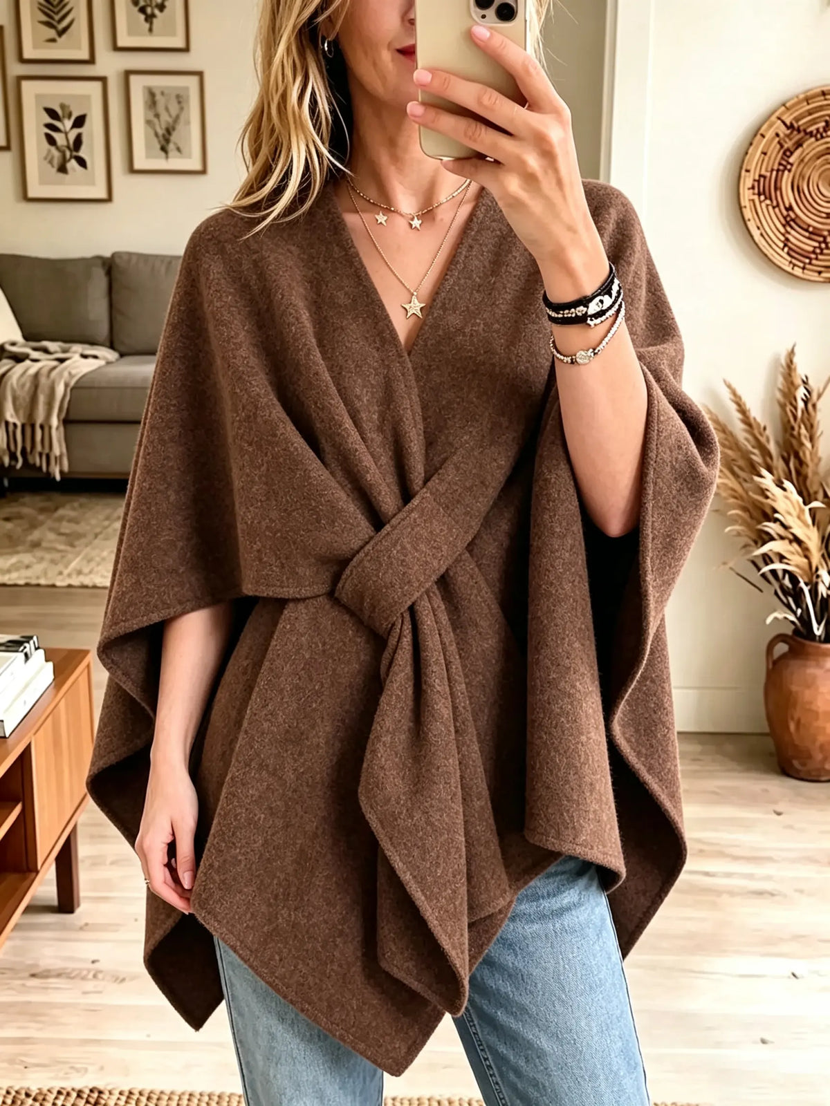 Brown Front Knot Draped V-Neck Woolen Poncho Wrap