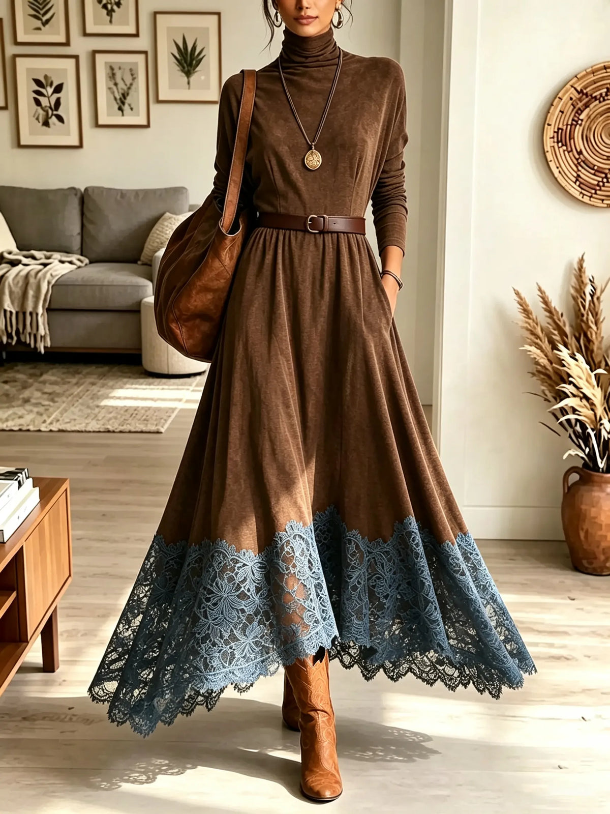 Brown Turtleneck Lace Hem Long Sleeve Faux Suede Maxi Dress
