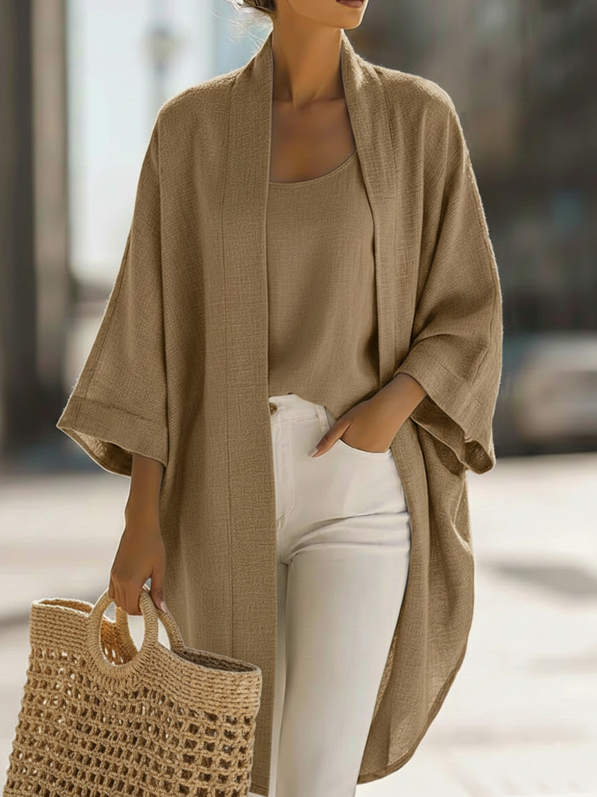 Open Front Batwing Sleeve Linen Cardigan Set 8