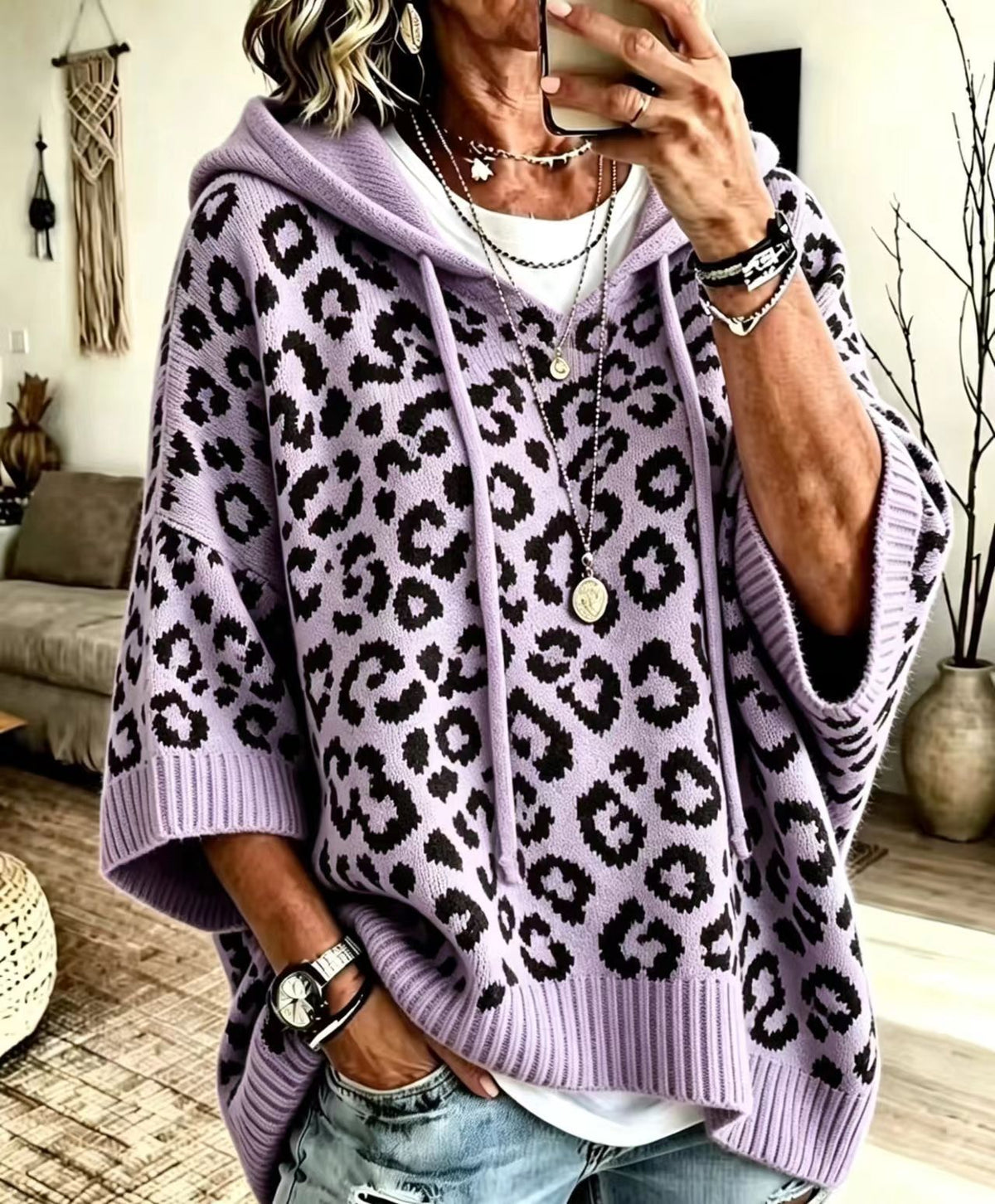 Hooded Leopard Print Drawstring Half Sleeve Knit Sweater 6