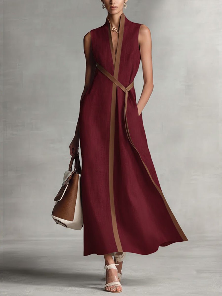 Stand Collar Sleeveless Contrast Trim Pocket A-Line Maxi Dress