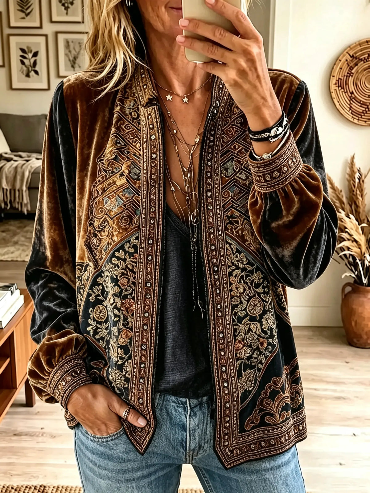 Multicolor Paisley Floral Embroidered Velvet Zip Up Jacket