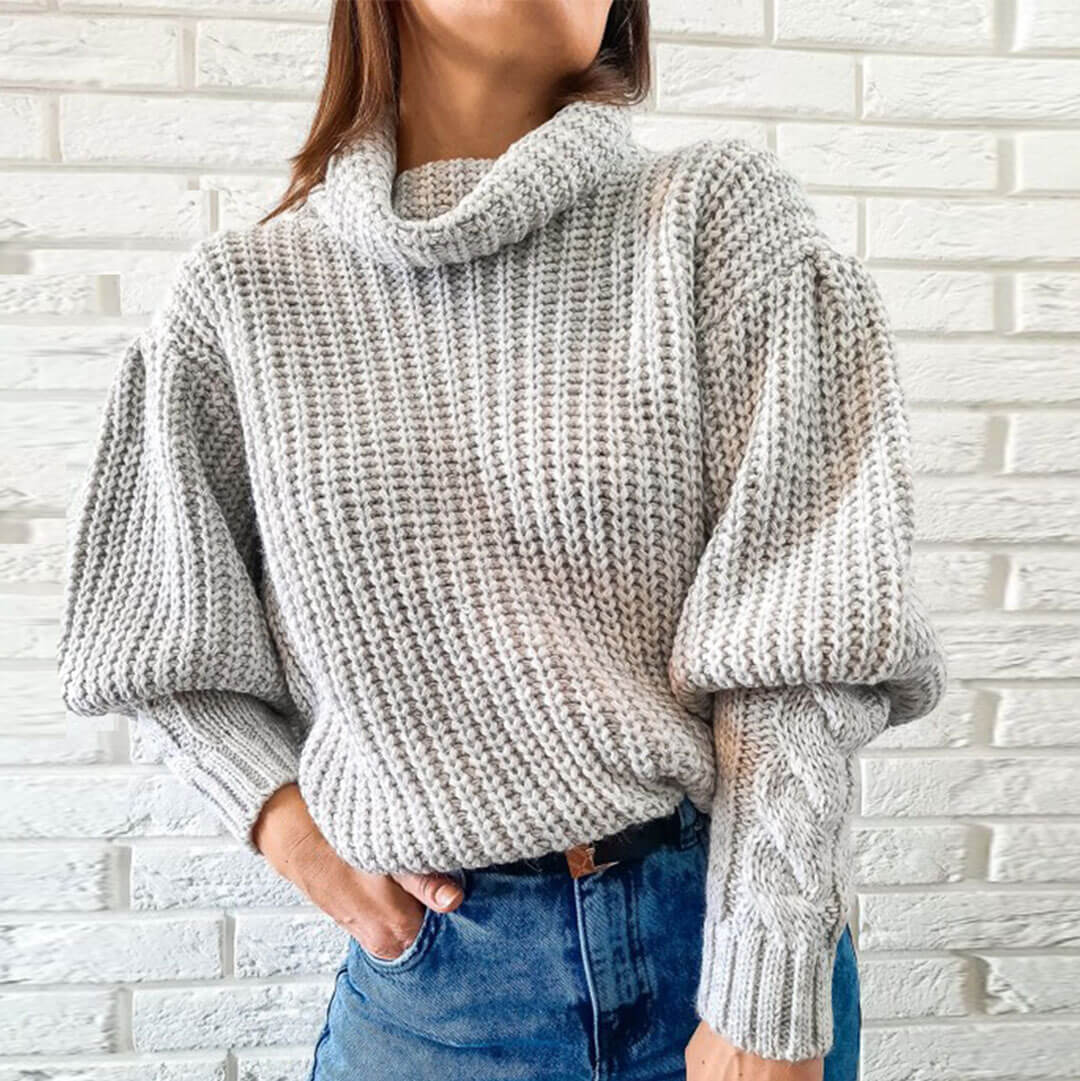 Gray Turtleneck Chunky Cable Knit Bishop Sleeve Oversized Sweater