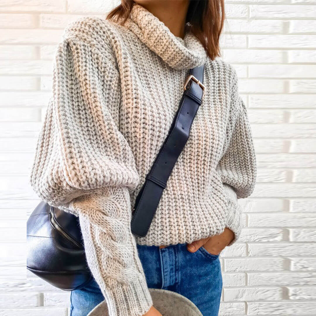 Gray Turtleneck Chunky Cable Knit Bishop Sleeve Oversized Sweater