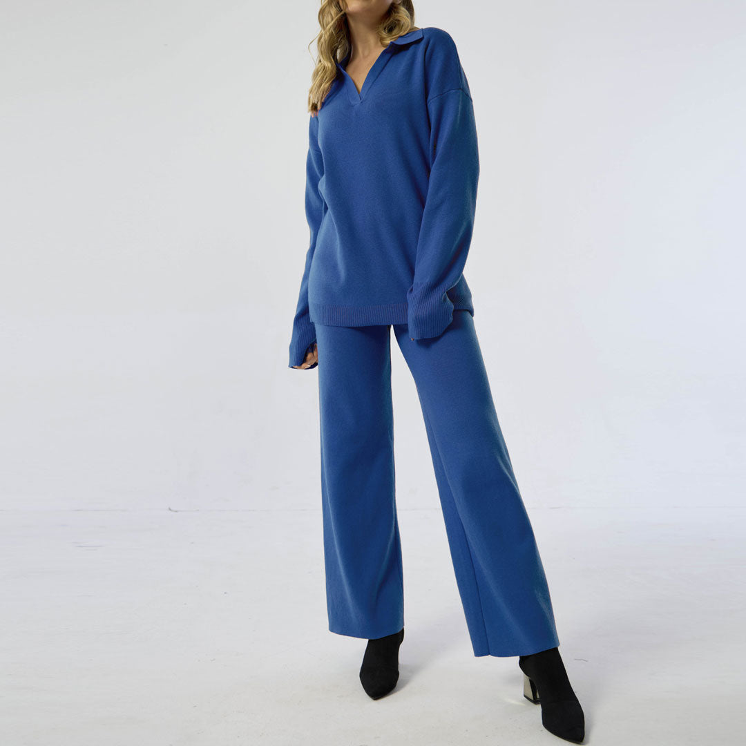 Royal Blue Collared Long Sleeve Knit Sweater Wide Leg Pants Set