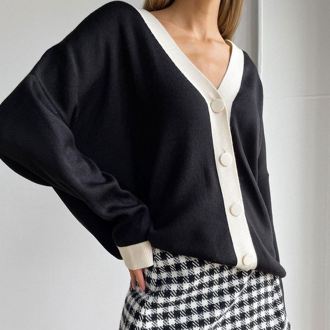 Black Contrast Trim V-Neck Button Up Long Sleeve Rib Knit Cardigan