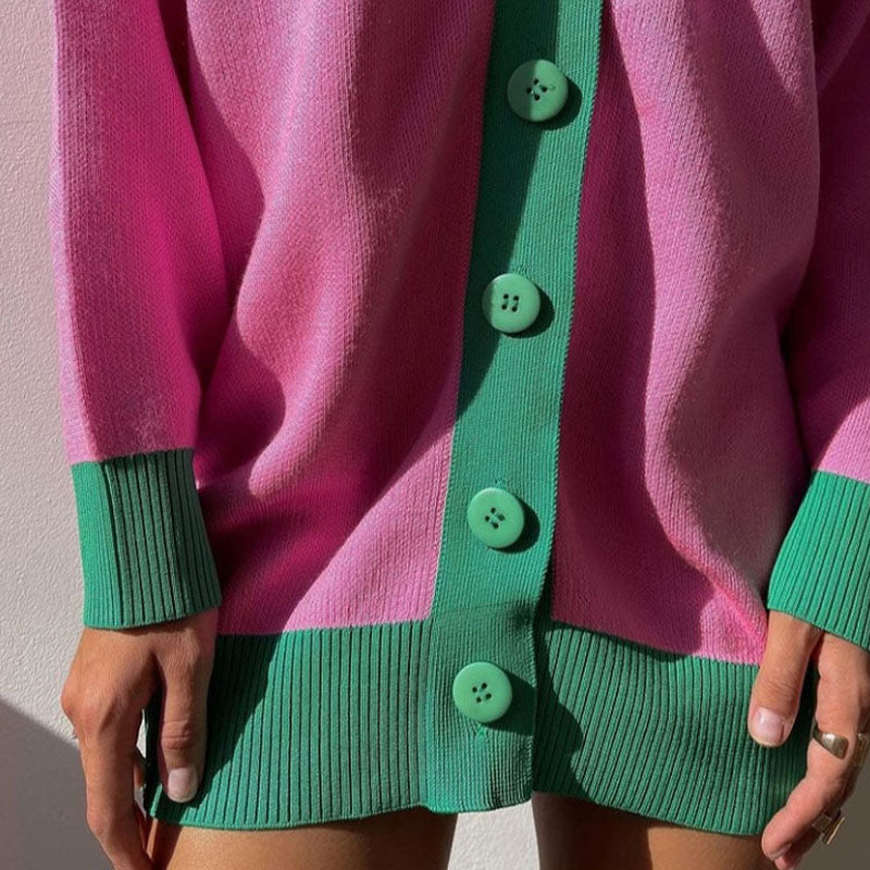 Pink Contrast Trim V-Neck Button Up Long Sleeve Rib Knit Cardigan