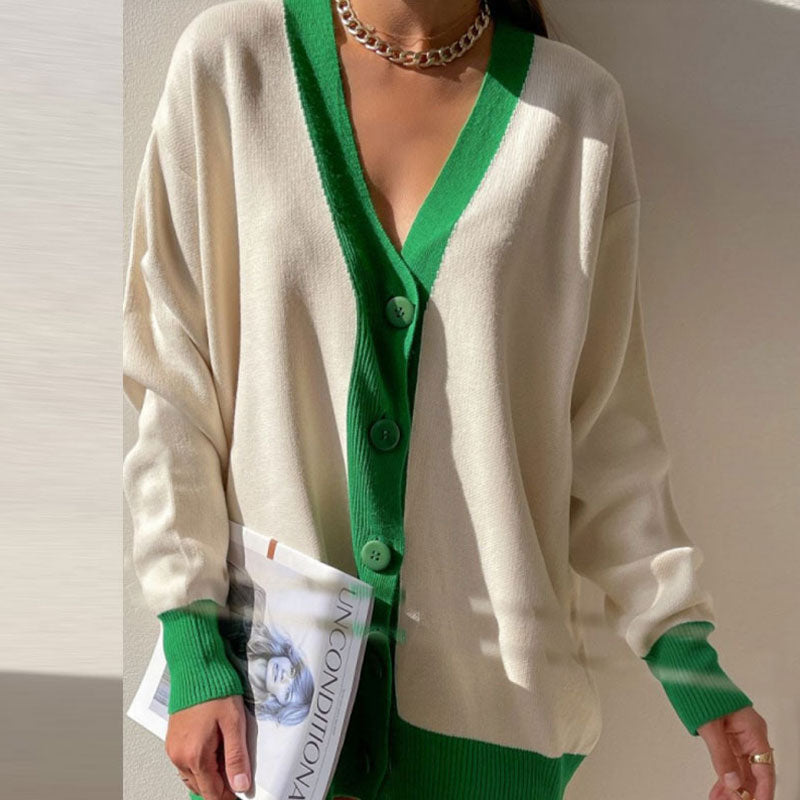 Beige Contrast Trim V-Neck Button Up Long Sleeve Rib Knit Cardigan