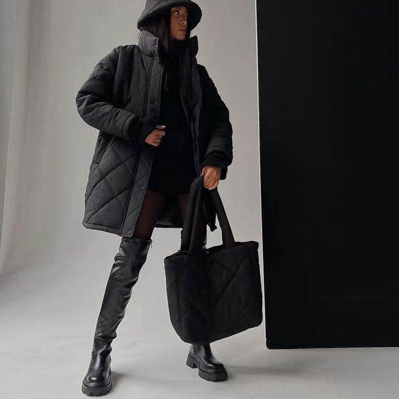 Black Diamond Quilted Hooded Long Sleeve Longline Puffer Jacket