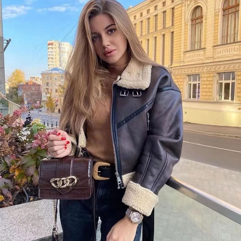 Brown Fleece Lined Buckle Trim Faux Leather Aviator Jacket