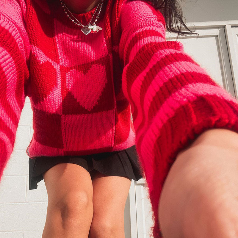 Red Heart Checkerboard Pattern Long Sleeve Knit Sweater