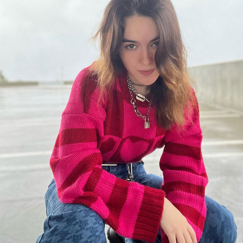Red Heart Checkerboard Pattern Long Sleeve Knit Sweater