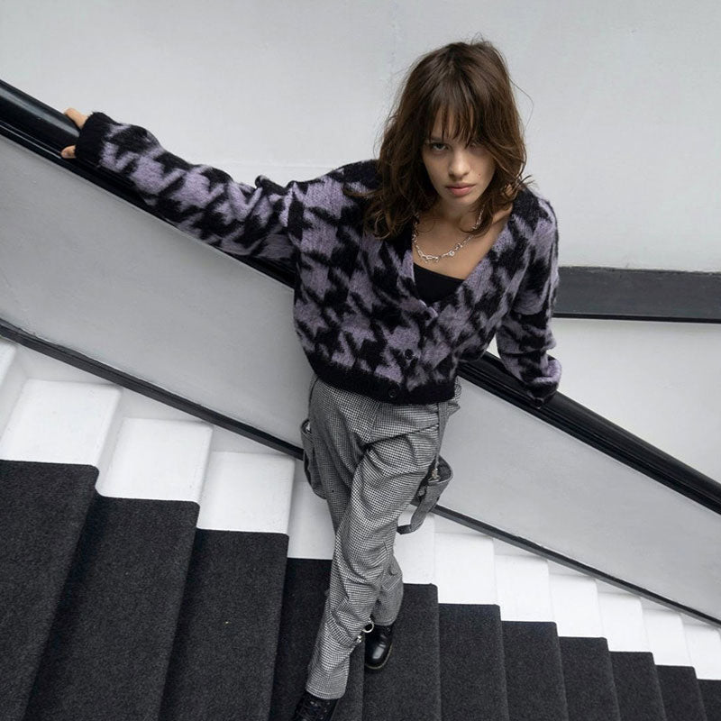 Purple Houndstooth Button Up Long Sleeve Cropped Knit Cardigan