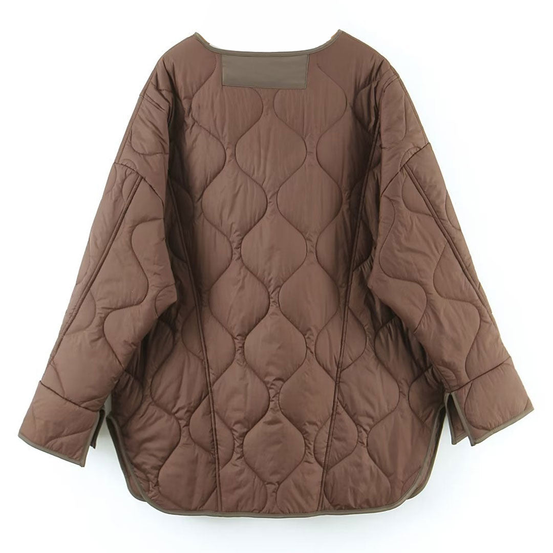 Chocolate Long Sleeve Button Down Flap Pocket Oversized Quilted Jacket