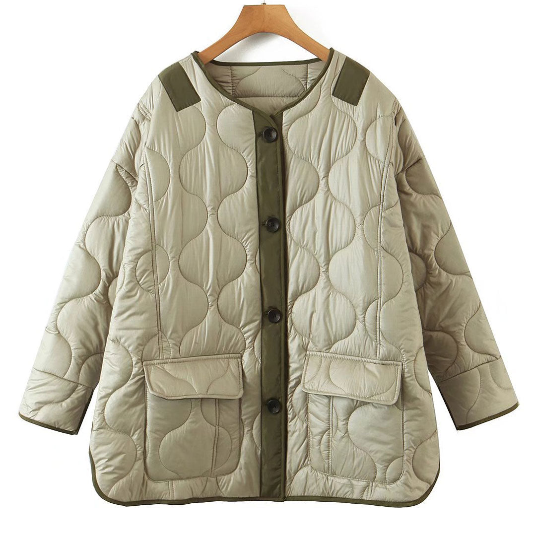 Sage Green Long Sleeve Button Down Flap Pocket Oversized Quilted Jacket