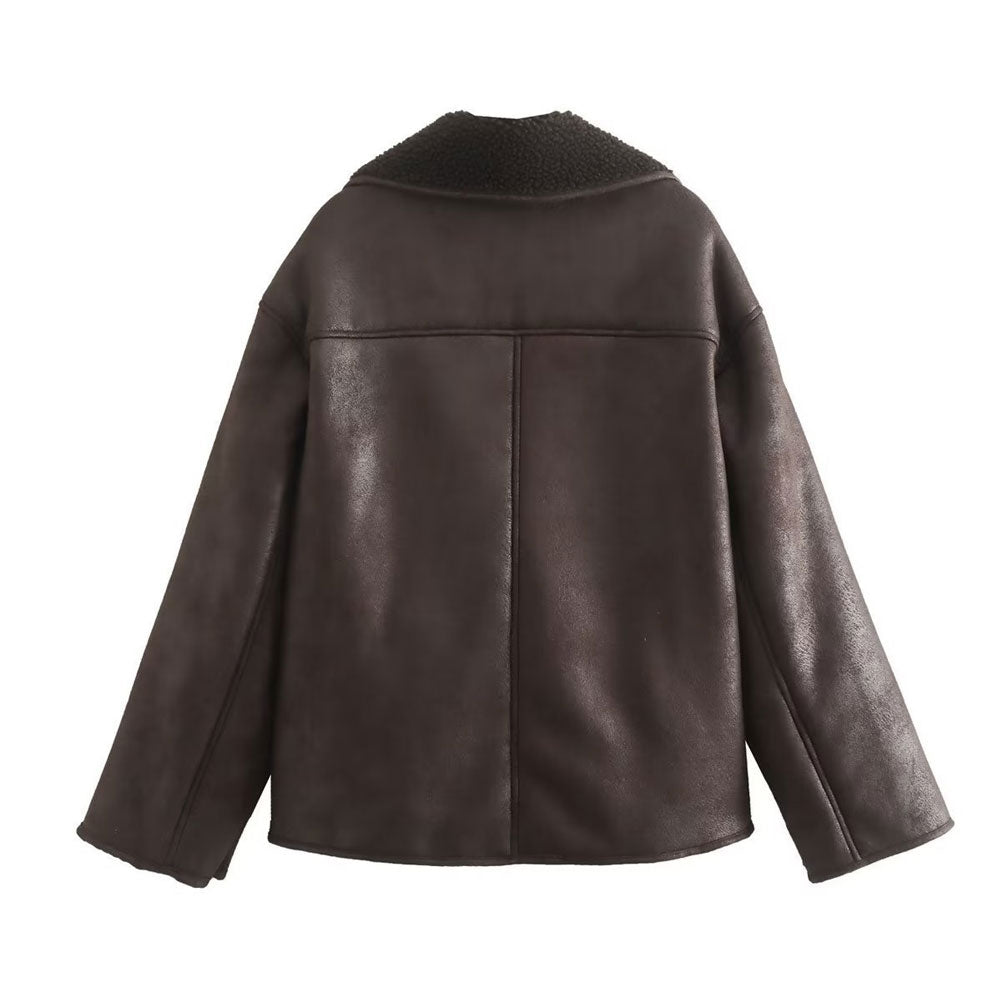 Coffee Notch Collar Button Front Long Sleeve Faux Suede Shearling Coat