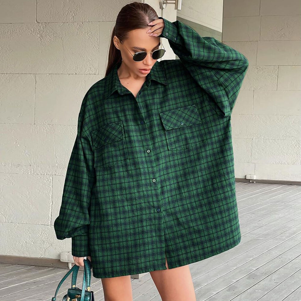 Bishop Sleeve Pointed Trendy Collar Shirt - Brown S / Emerald Green Blouses