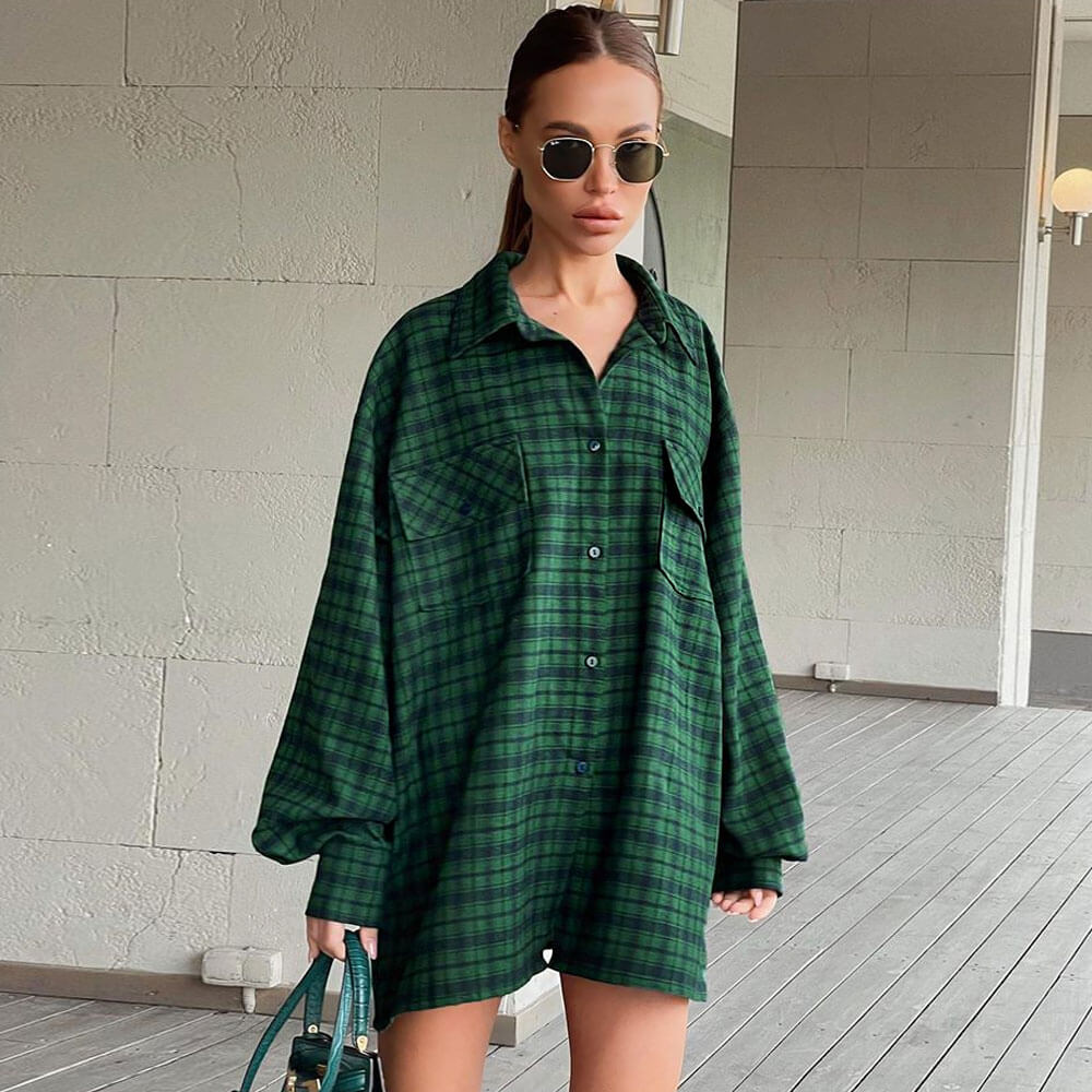 Bishop Sleeve Pointed Trendy Collar Shirt - Brown M / Emerald Green Blouses